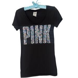 Victoria's Secret PINK XS Rainbow Sequin Logo Spellout Tee Tshirt Scoopneck